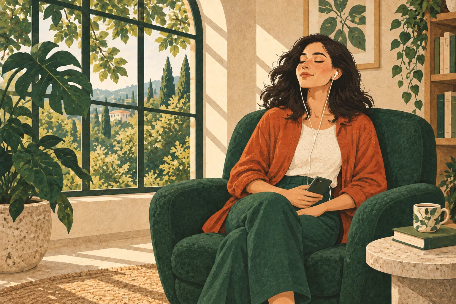 Illustration of a woman resting in a chair, listening with wired earphones and a phone