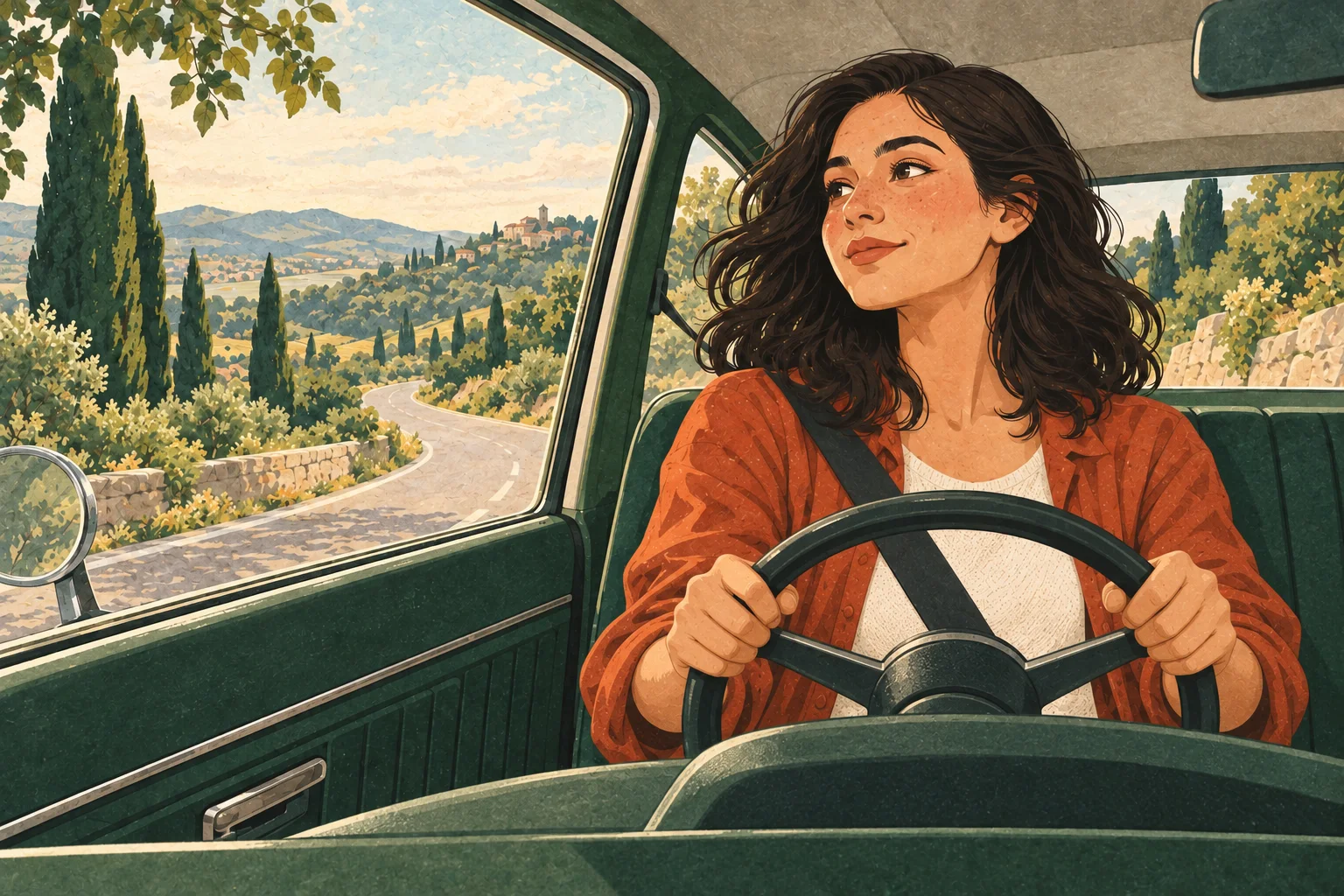 Illustration of a woman listening through car speakers while driving