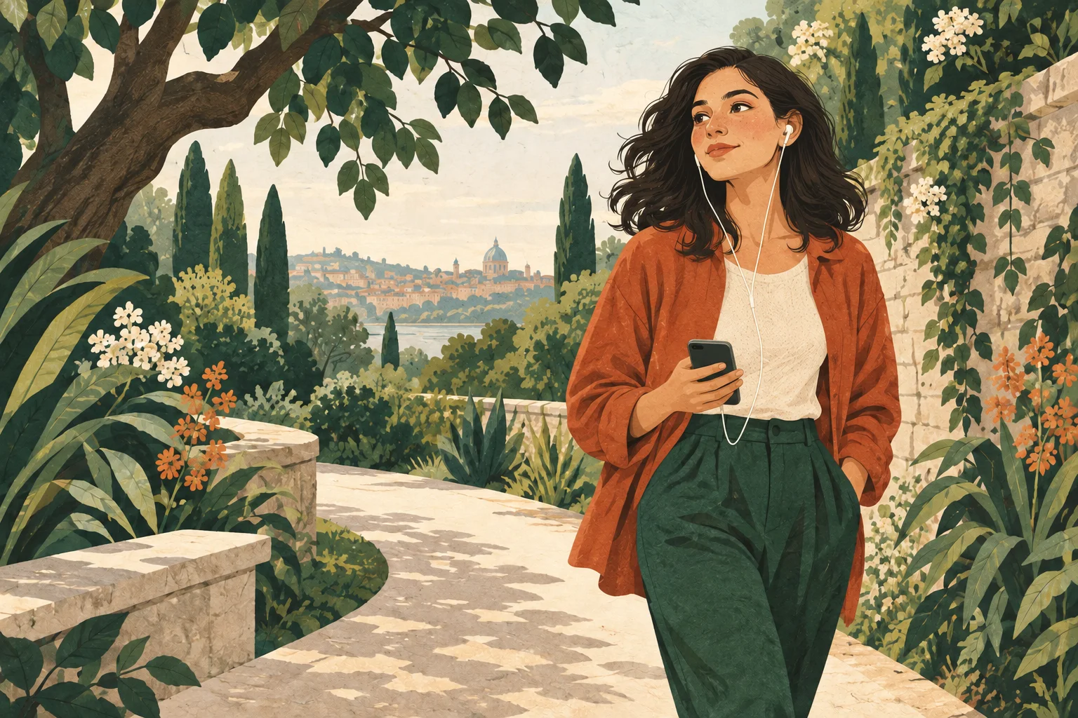 Illustration of a woman listening with wired earphones and a phone on a walk